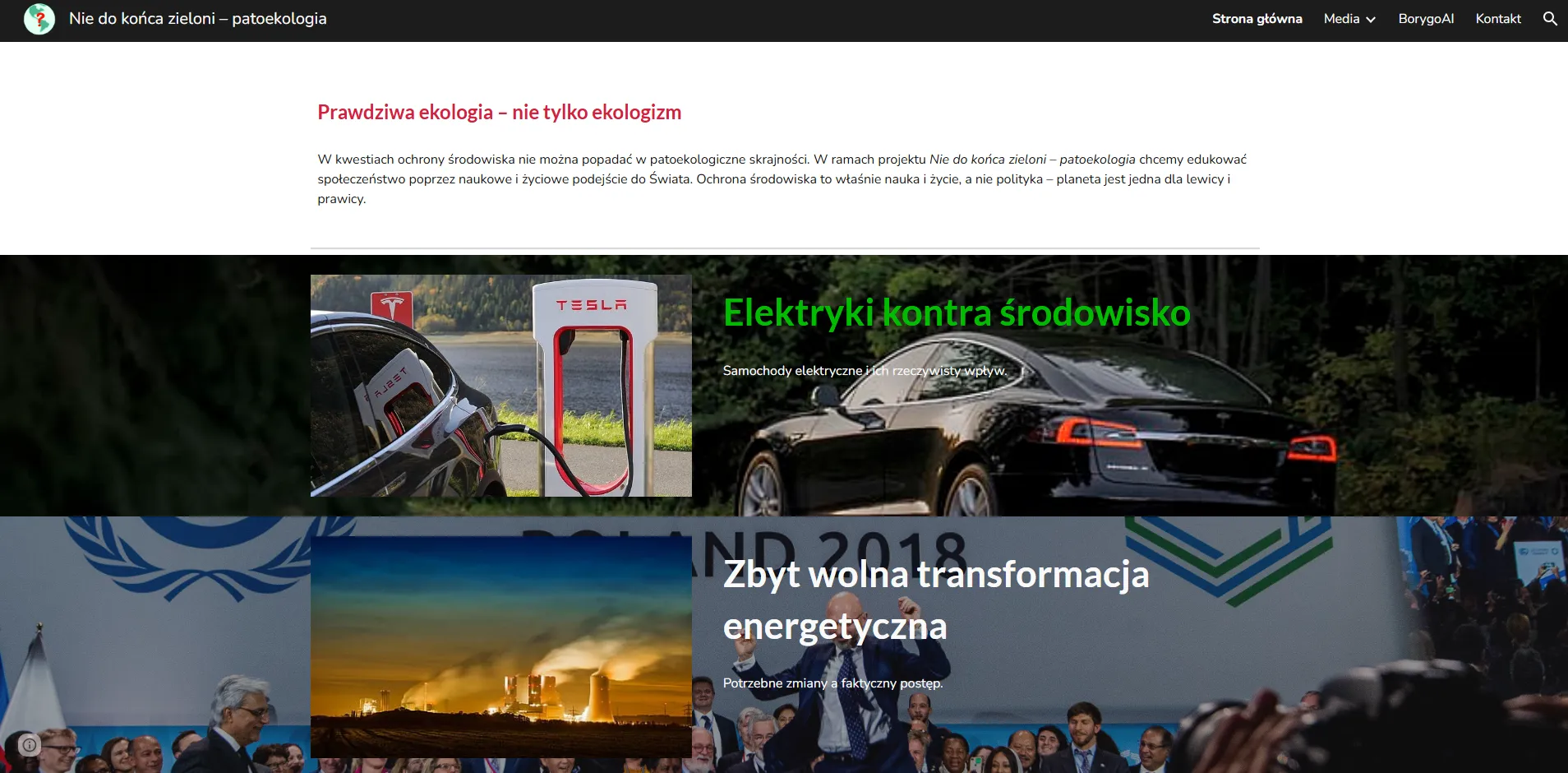 Zrzut ekranu strony patoekologia.org przedstawiający stronę główną