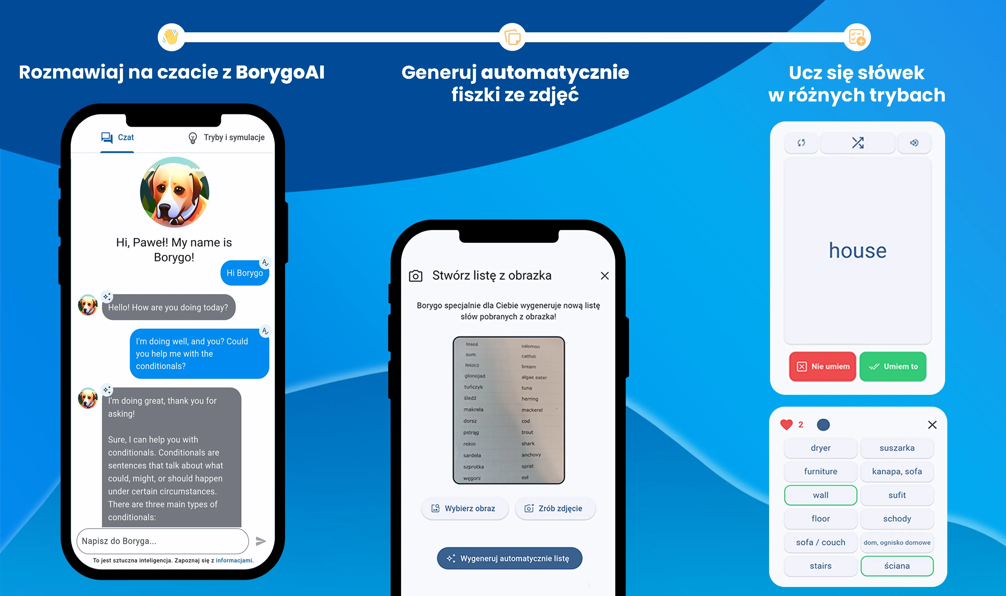 Grafika przedstawiająca różne funkcje dostępne w aplikacji BorygoAI